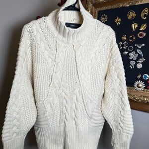 ZARA KNIT Cream Cable Knit Sweater Wool Blend Mock Neck Oversized Chunky  Size L